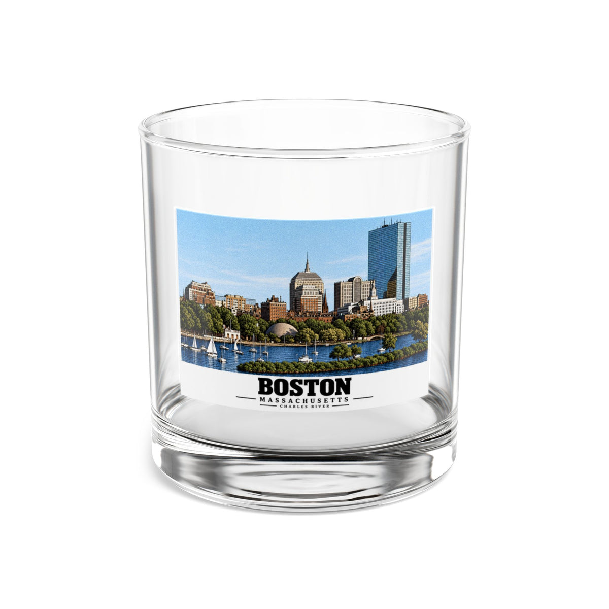 Illustrated St. Charles River view of Boston, Massachusetts in Boston and Cambridge on rocks glass