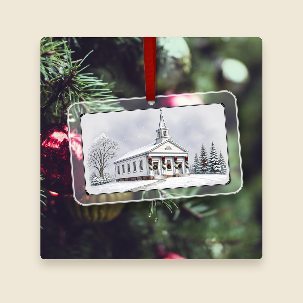 First Congregational Church in Douglas, MA acrylic Christmas ornament hanging on a Christmas tree