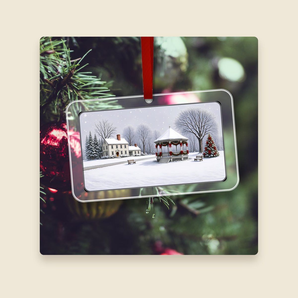 Old Town Common in Douglas, MA acrylic Christmas ornament hanging on a Christmas tree