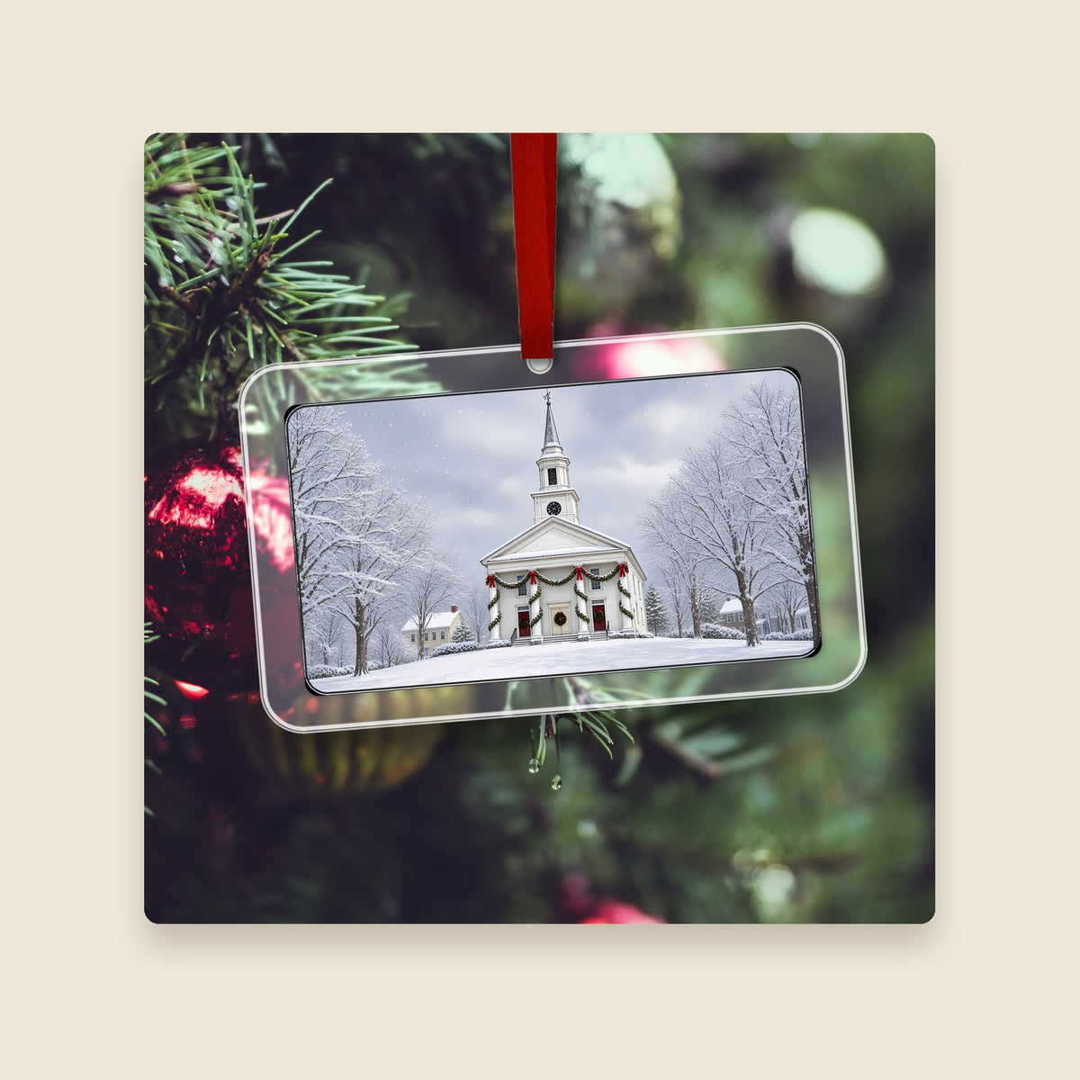 Second Congregational Church in Douglas, MA acrylic Christmas ornament hanging on a Christmas tree