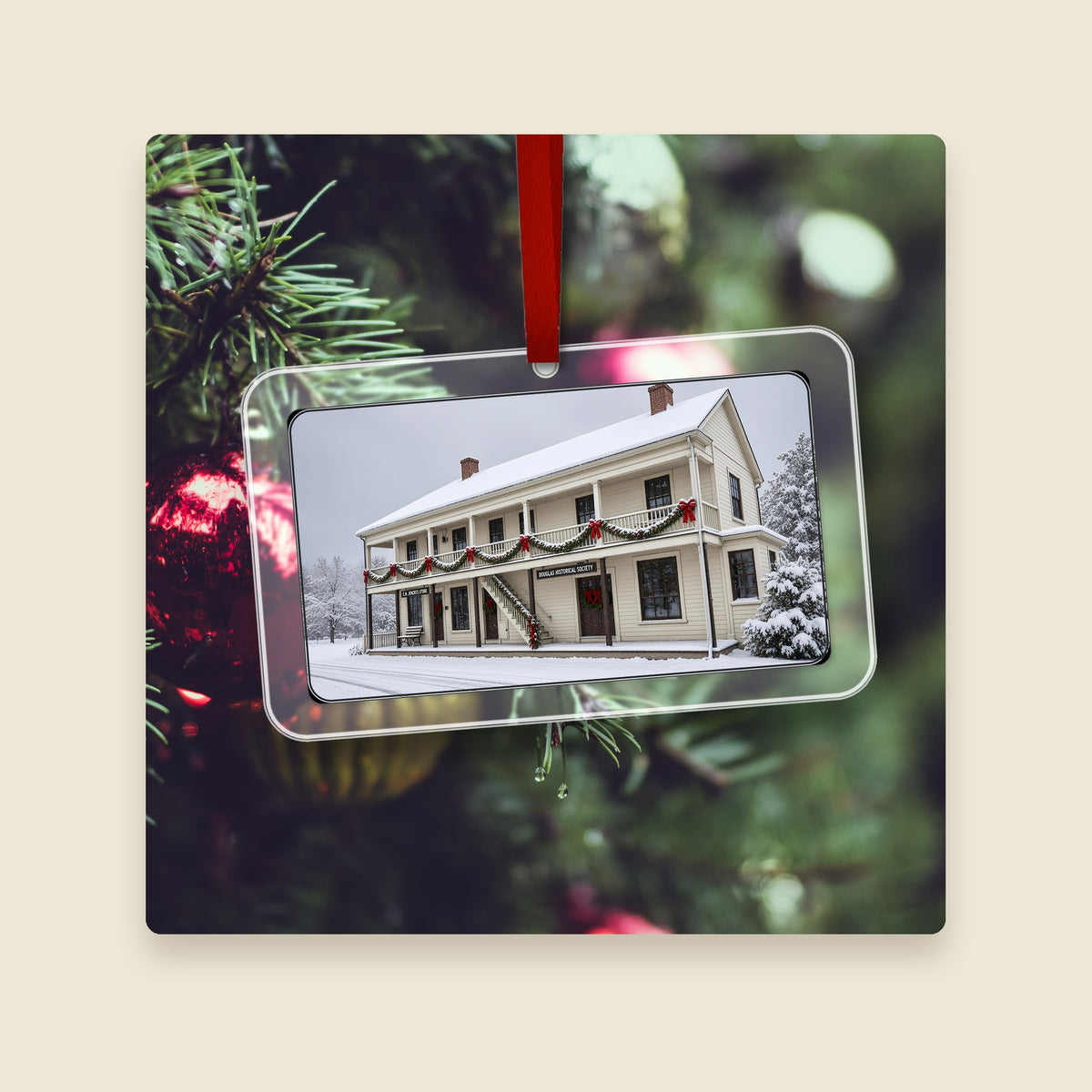 E. N. Jenckes Store in Douglas, MA acrylic Christmas ornament hanging on a Christmas tree