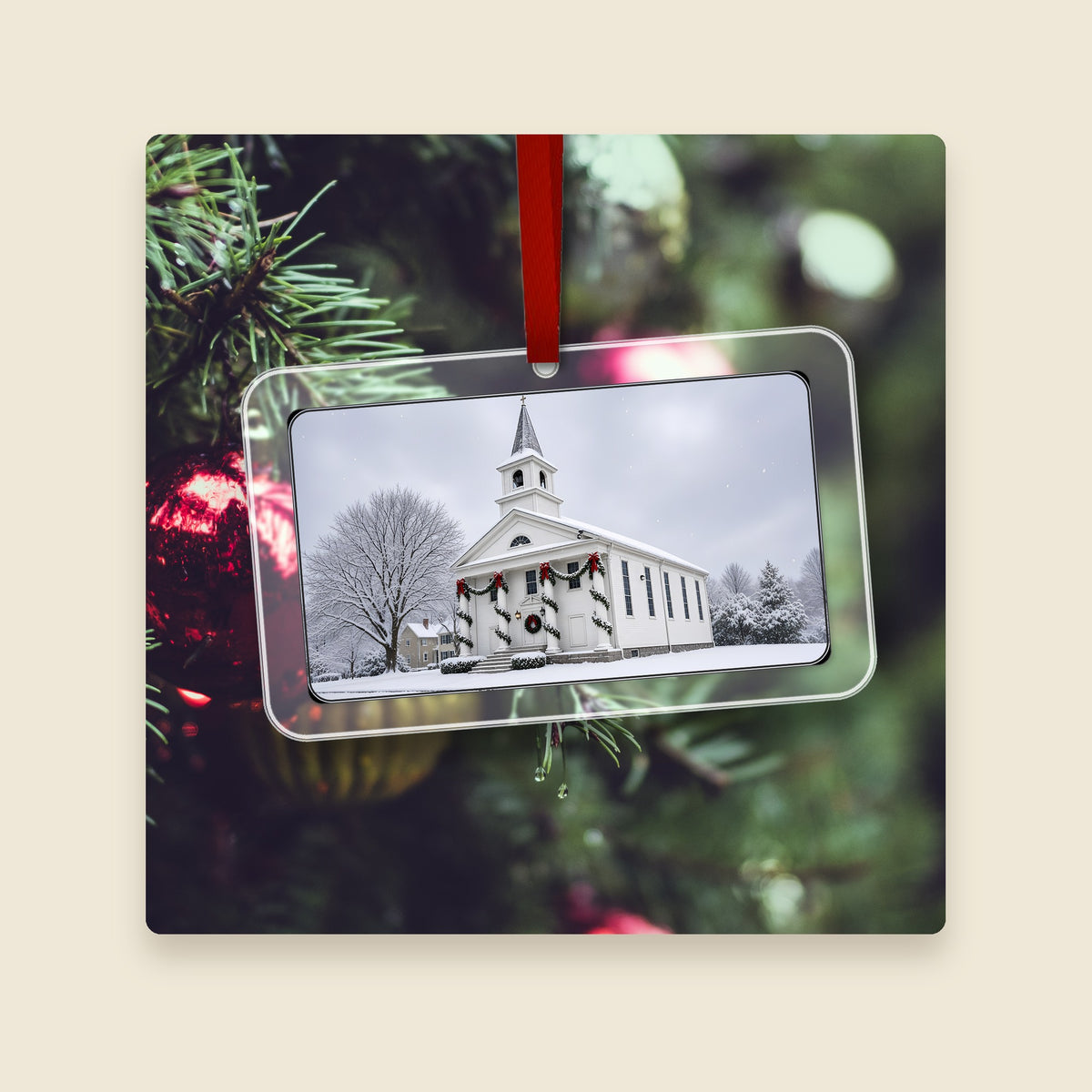 Baptist Church of Grafton in Grafton, MA acrylic Christmas ornament hanging on a Christmas tree