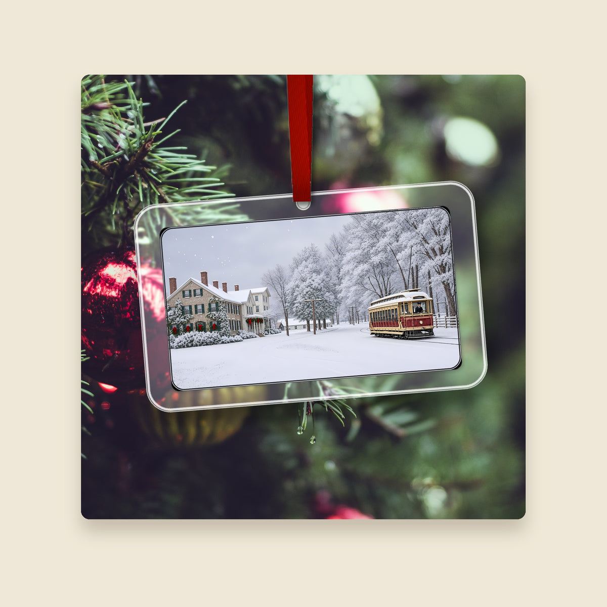 Common - Historic Streetcar View in Grafton, MA acrylic Christmas ornament hanging on a Christmas tree