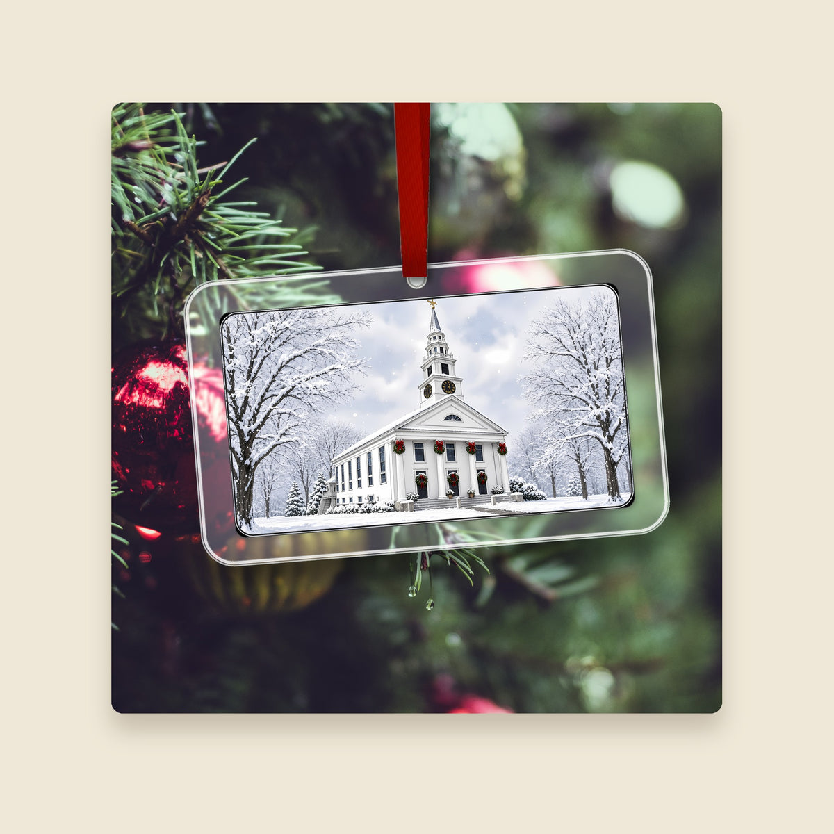 Evangelical Congregational Church in Grafton, MA acrylic Christmas ornament hanging on a Christmas tree