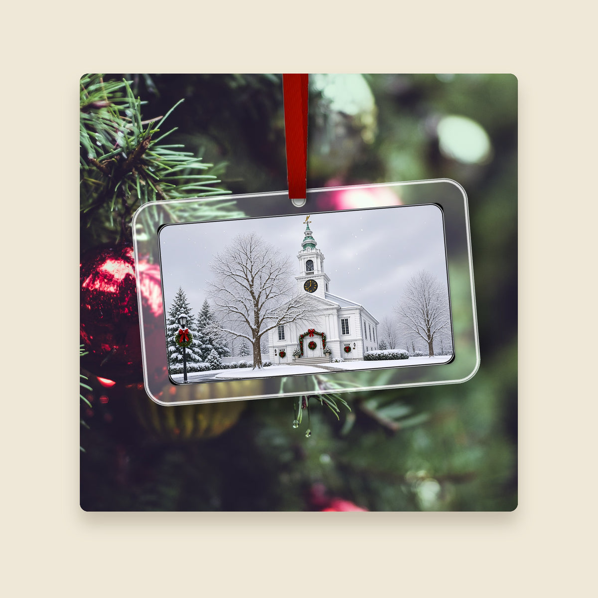 Unitarian Church at Grafton Common in Grafton, MA acrylic Christmas ornament hanging on a Christmas tree