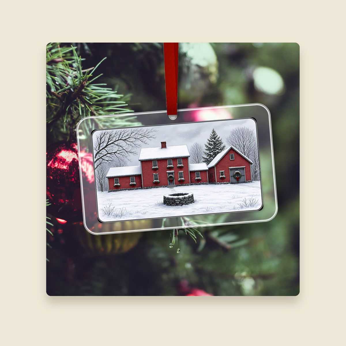 Willard House / Clock Shop in Grafton, MA acrylic Christmas ornament hanging on a Christmas tree