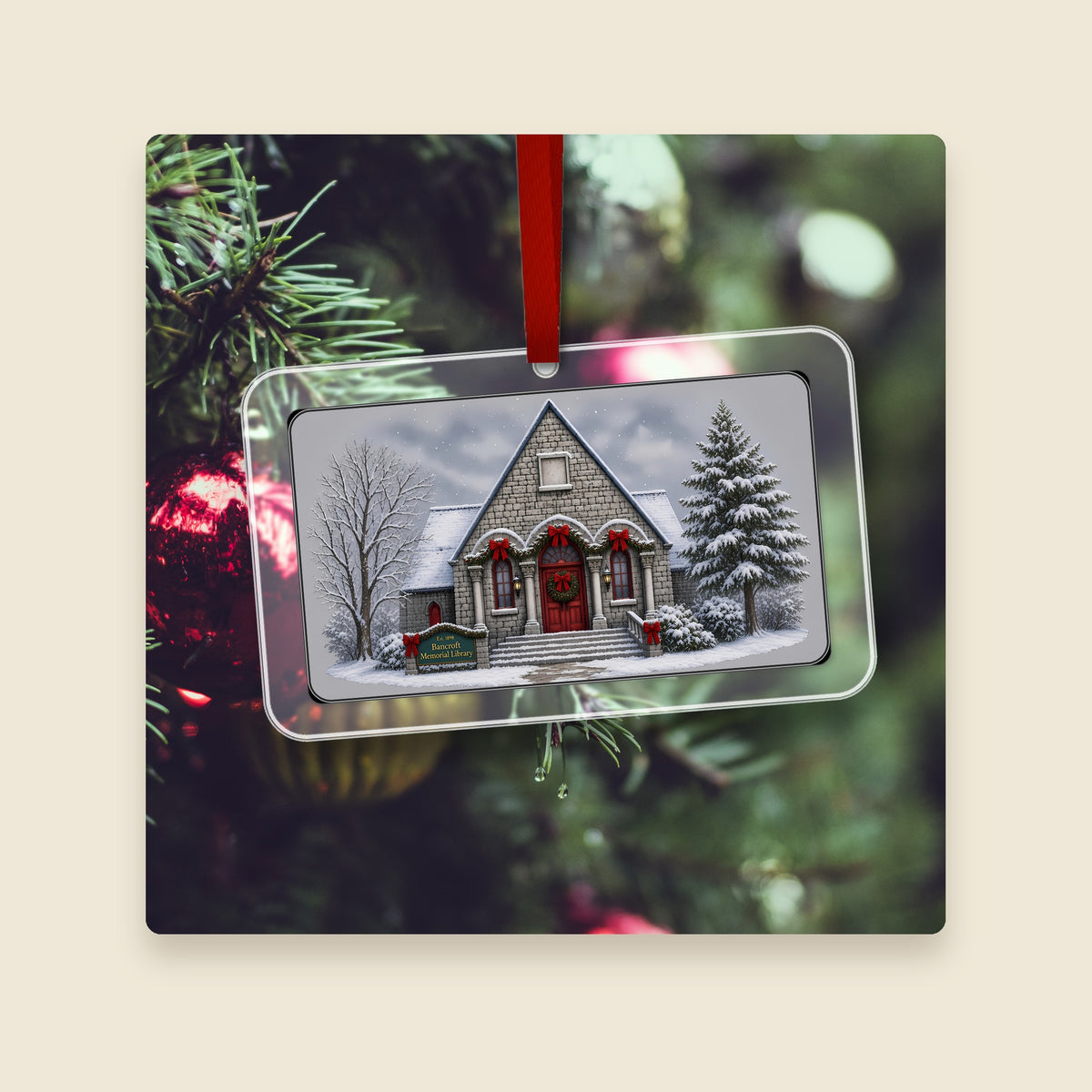 Bancroft Memorial Library in Hopedale, MA acrylic Christmas ornament hanging on a Christmas tree