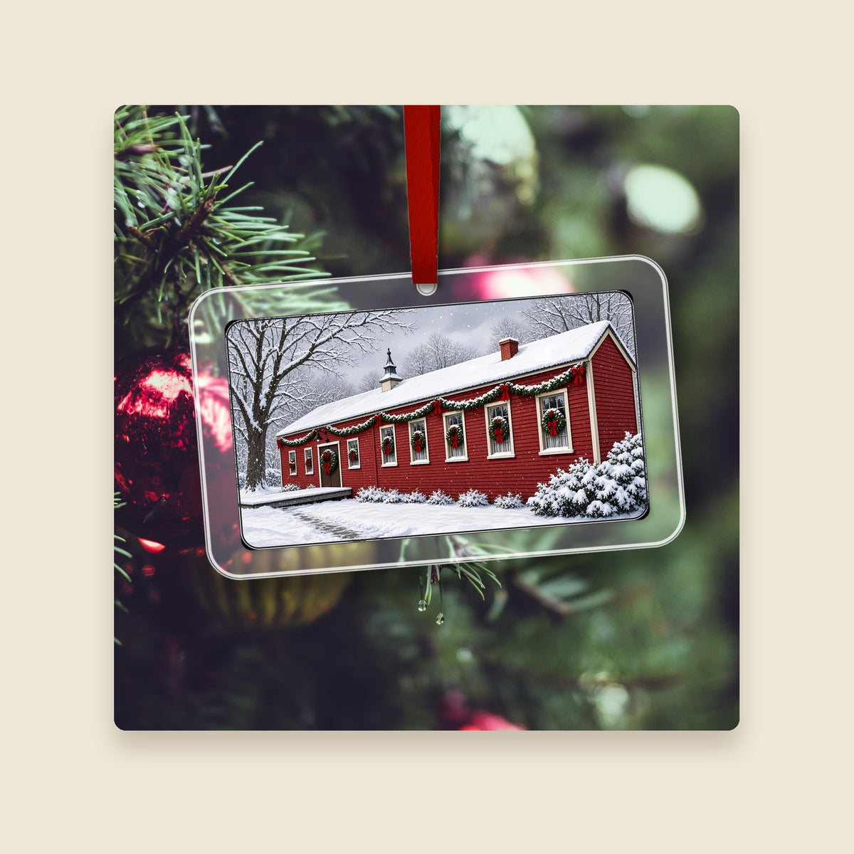 Little Red Shop in Hopedale, MA acrylic Christmas ornament hanging on a Christmas tree