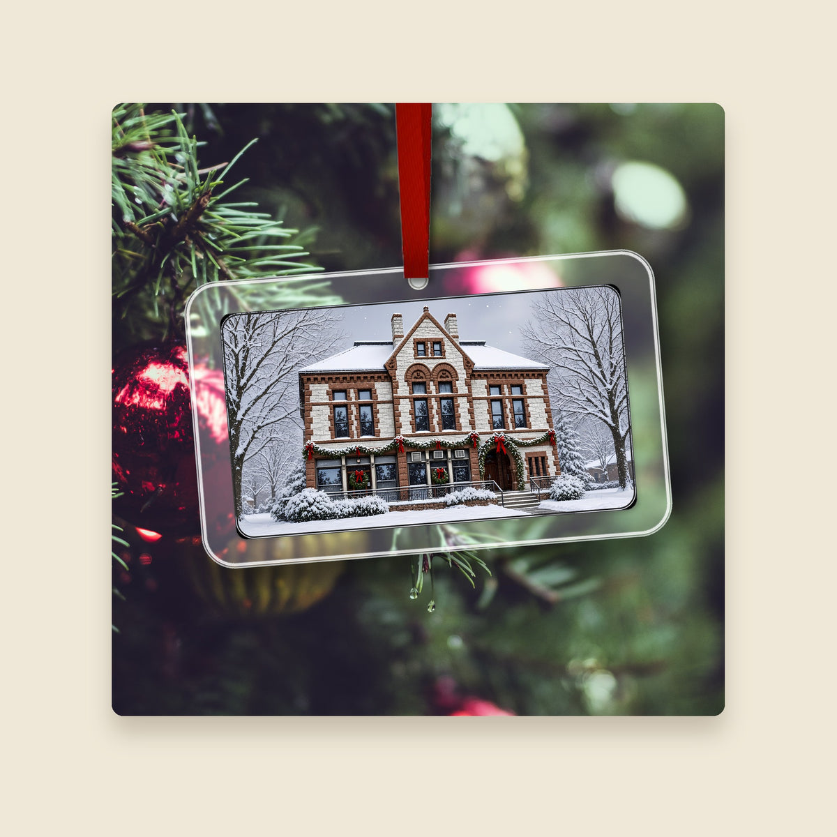 Town Hall in Hopedale, MA acrylic Christmas ornament hanging on a Christmas tree