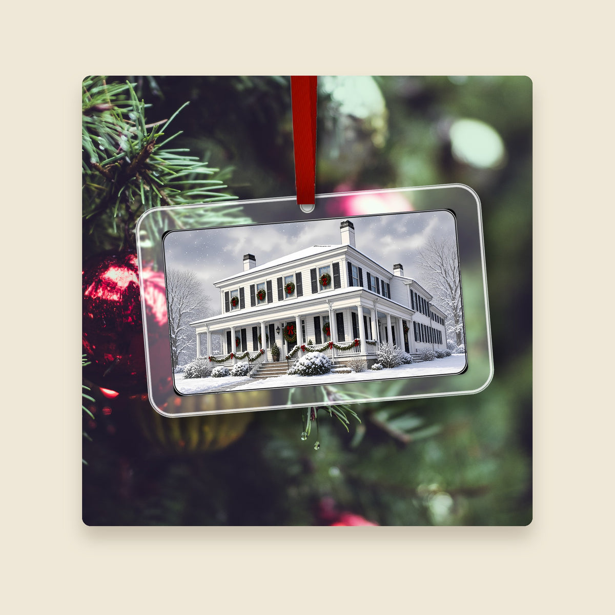 Swan Tavern in Leicester, MA acrylic Christmas ornament hanging on a Christmas tree