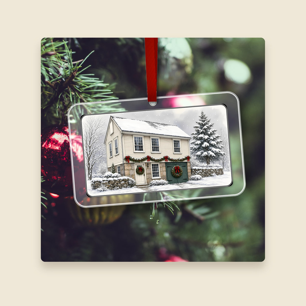 Olney Cook Artisan Shop in Mendon, MA acrylic Christmas ornament hanging on a Christmas tree