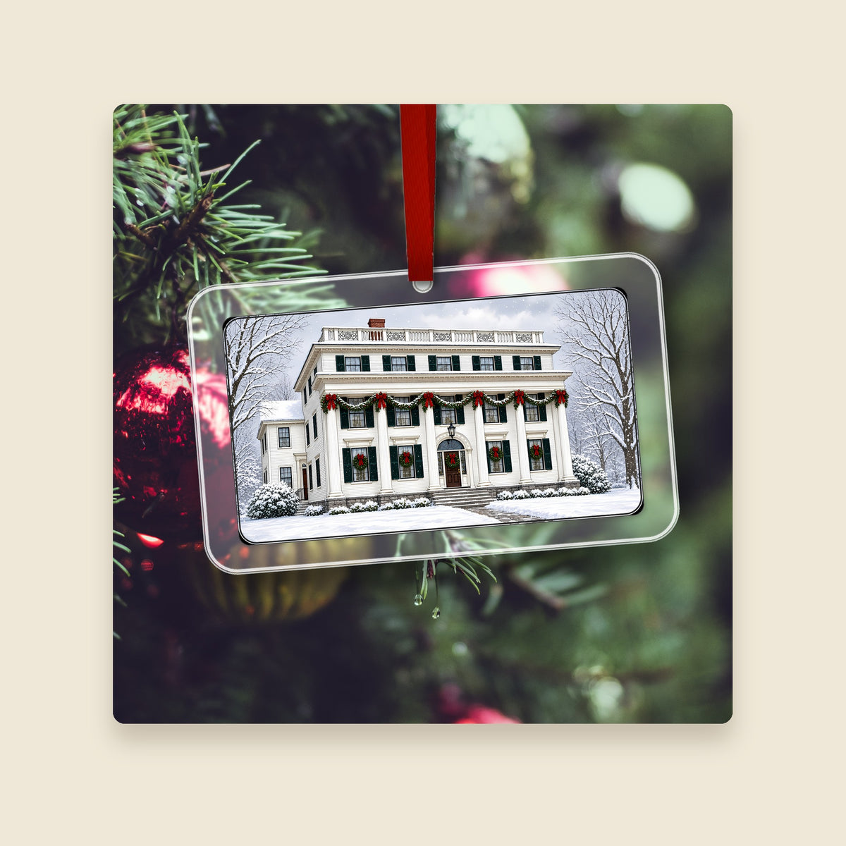 Asa Waters Mansion in Millbury, MA acrylic Christmas ornament hanging on a Christmas tree