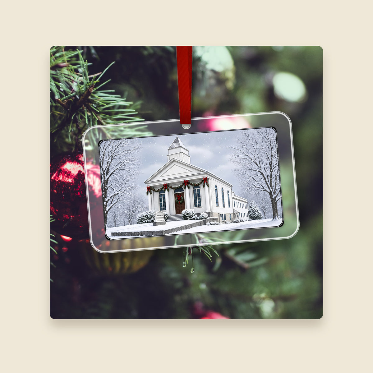 Federated Church / First Presbyterian Meeting House in Millbury, MA acrylic Christmas ornament hanging on a Christmas tree