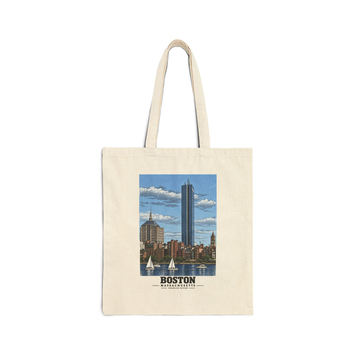 Illustrated Boston, Massachusetts, from the Charles River in Boston and Cambridge on cotton canvas tote — natural canvas