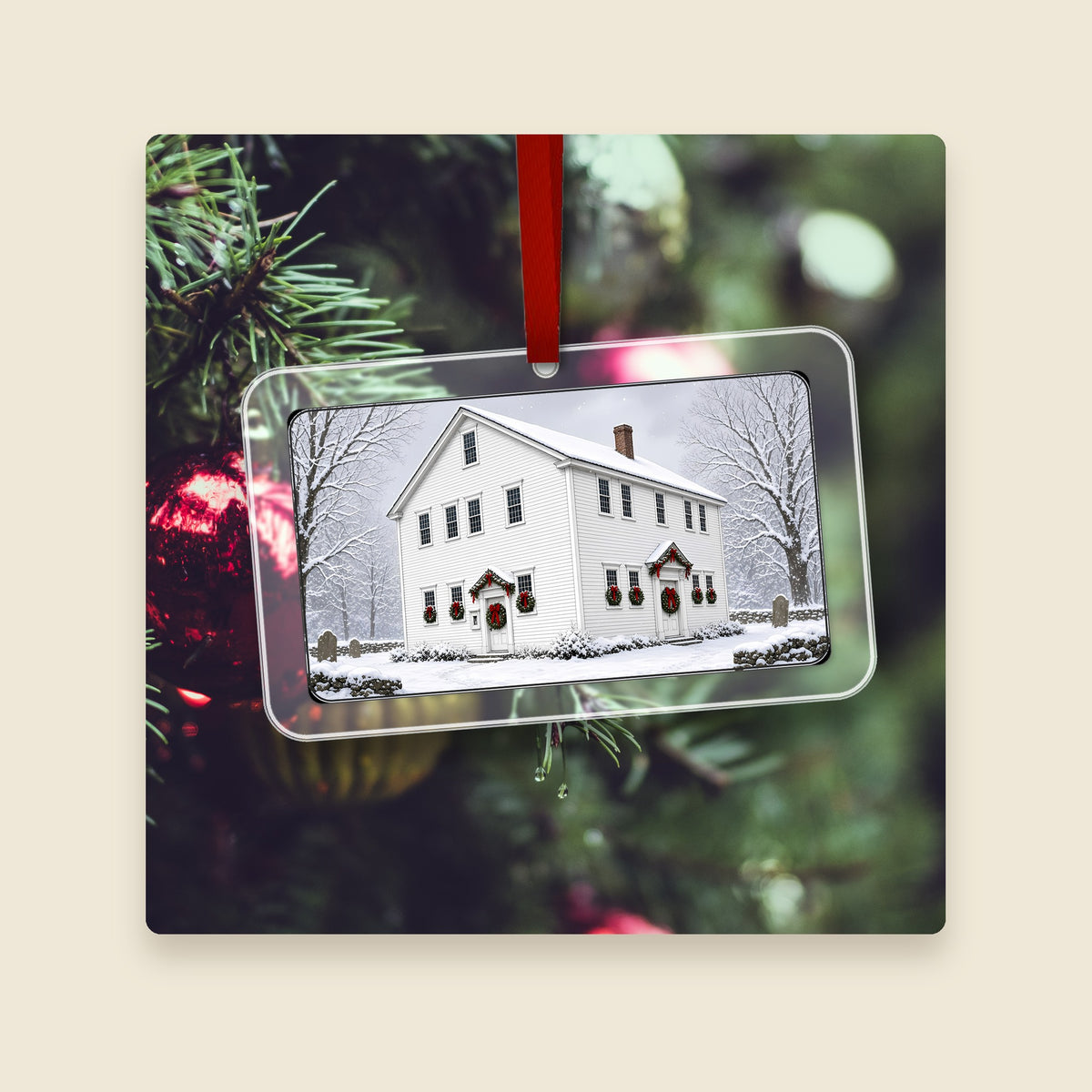 Chestnut Hill Meetinghouse in Millville, MA acrylic Christmas ornament hanging on a Christmas tree