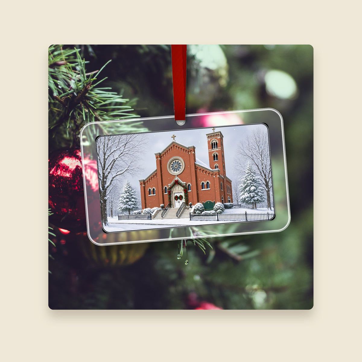 St. Patrick's Church in Northbridge, MA acrylic Christmas ornament hanging on a Christmas tree
