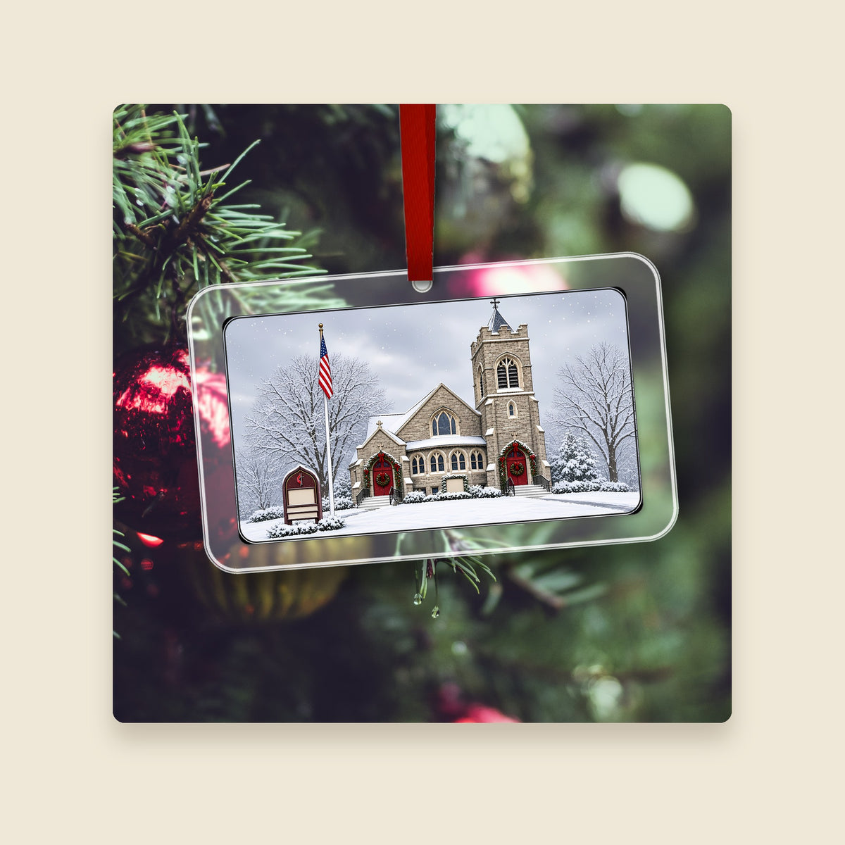 United Methodist Church in Northbridge, MA acrylic Christmas ornament hanging on a Christmas tree