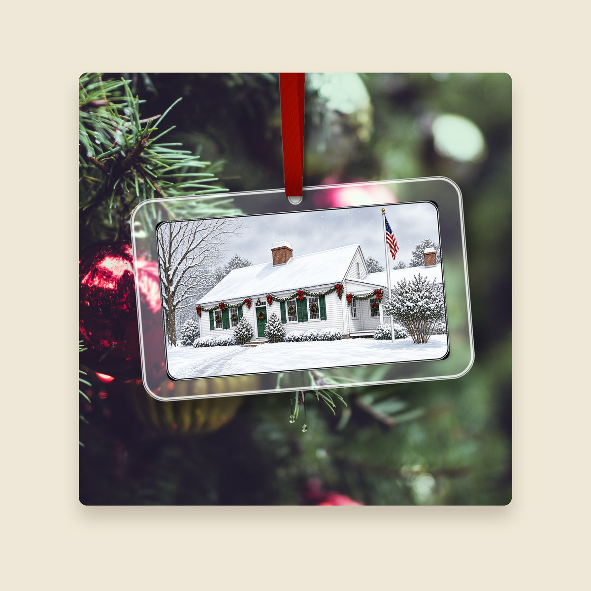 Clara Barton Birthplace in Oxford, MA acrylic Christmas ornament hanging on a Christmas tree