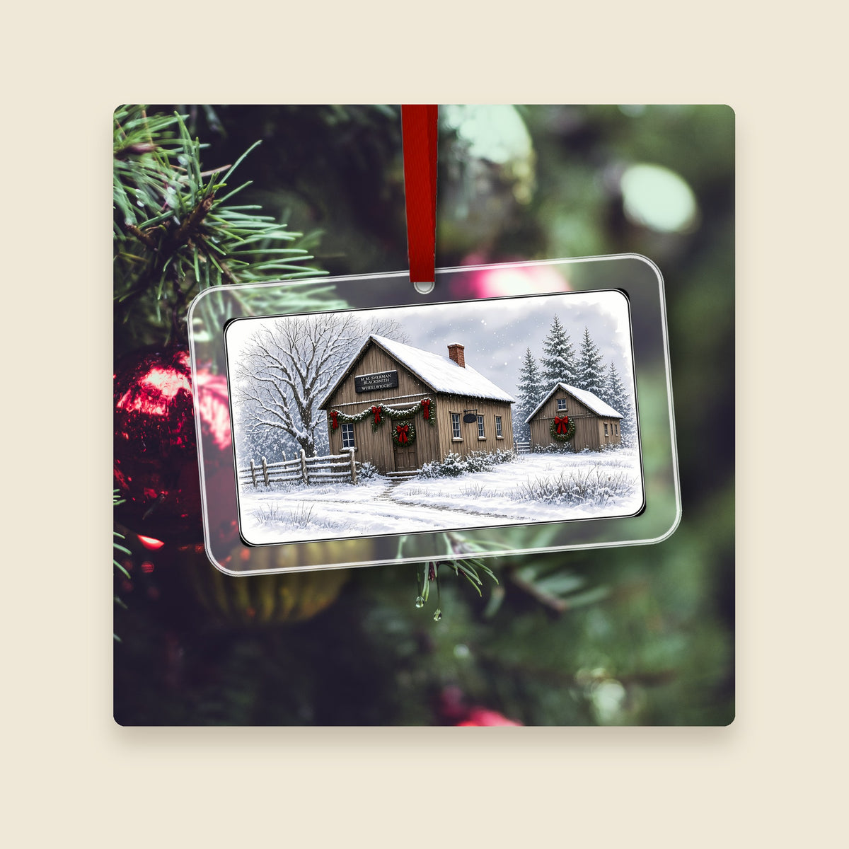 M. M. Sherman Blacksmith and Wheelwright Shop in Sutton, MA acrylic Christmas ornament hanging on a Christmas tree