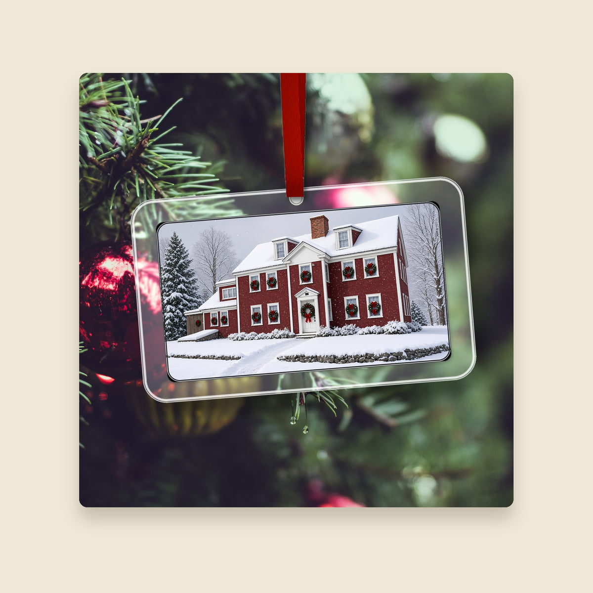 Waters Farm in Sutton, MA acrylic Christmas ornament hanging on a Christmas tree