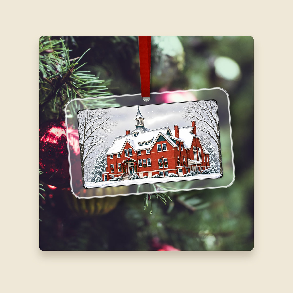 Town Hall in Upton, MA acrylic Christmas ornament hanging on a Christmas tree