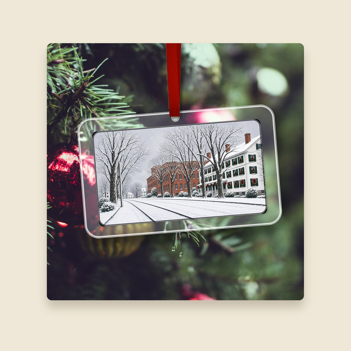 Knowlton Tenements and Upton Loop Street Railway in Upton, MA acrylic Christmas ornament hanging on a Christmas tree