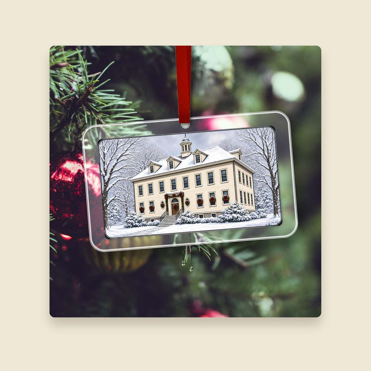 Blanchard School in Uxbridge, MA acrylic Christmas ornament hanging on a Christmas tree