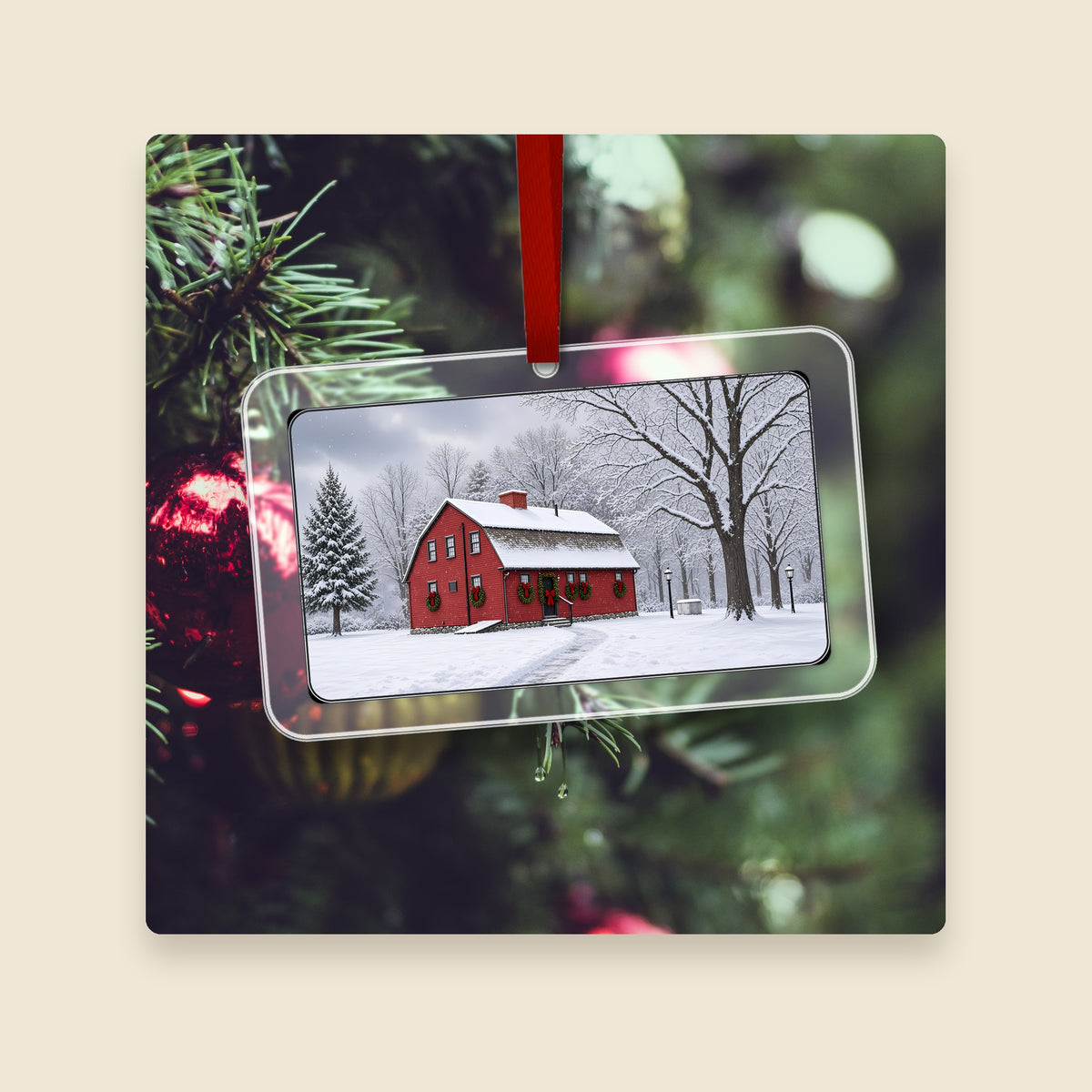 John Farnum House in Uxbridge, MA acrylic Christmas ornament hanging on a Christmas tree