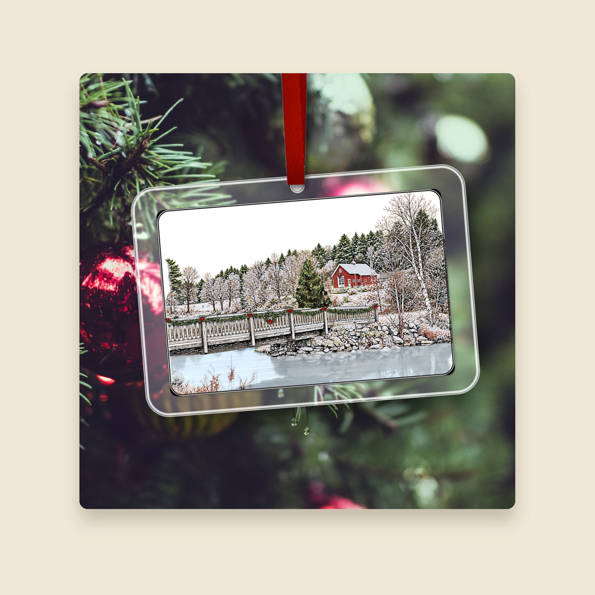 River Bend Farm in Uxbridge, MA acrylic Christmas ornament hanging on a Christmas tree