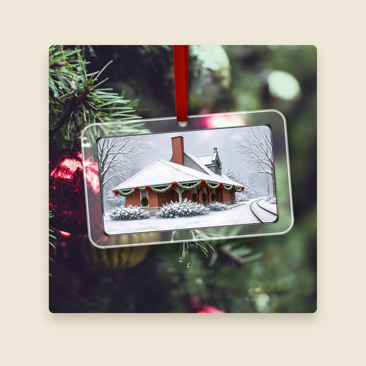 Train Station in Uxbridge, MA acrylic Christmas ornament hanging on a Christmas tree