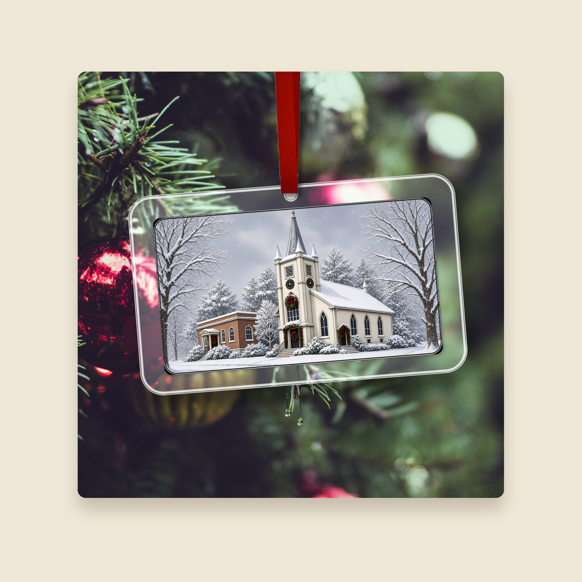 Unitarian Church in Uxbridge, MA acrylic Christmas ornament hanging on a Christmas tree