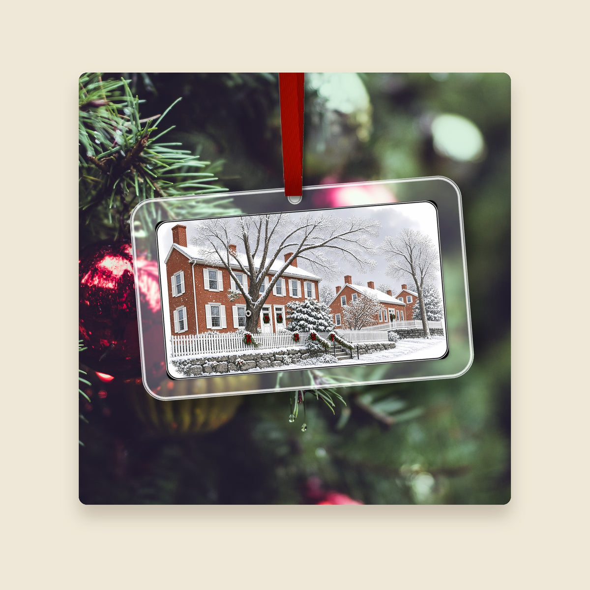 Rogerson's Village in Uxbridge, MA acrylic Christmas ornament hanging on a Christmas tree