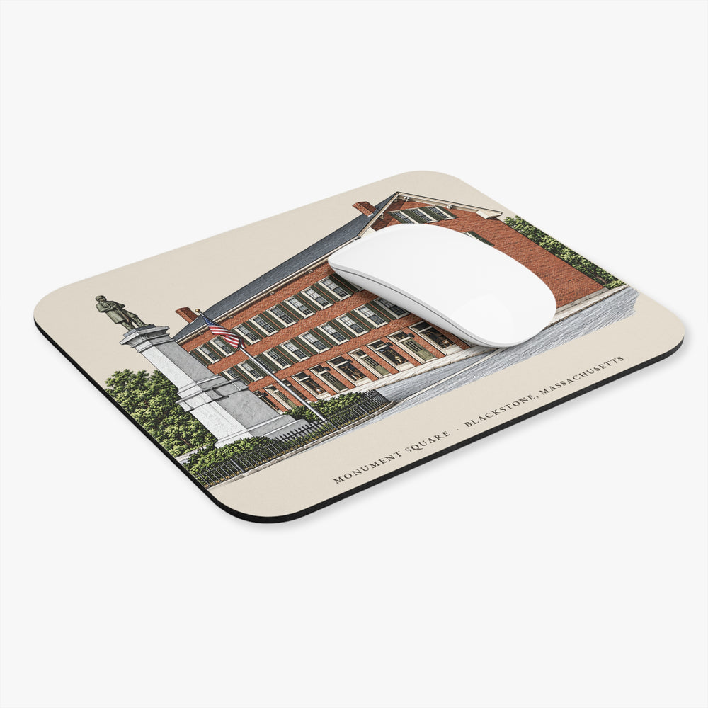 Blackstone Monument Square / Blackstone Block mouse pad mockup showing the full illustrated print