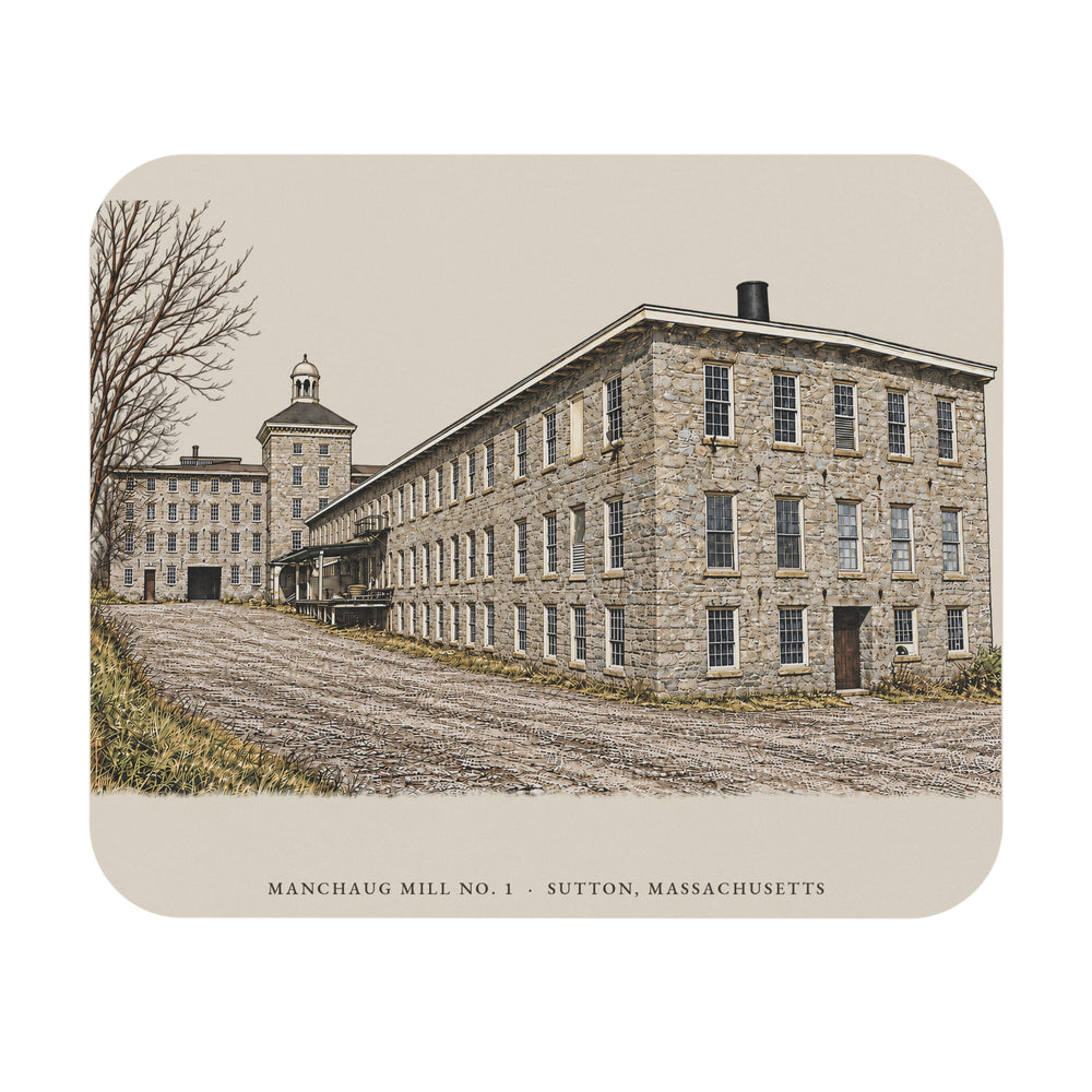 Sutton Manchaug Mill No. 1 mouse pad mockup showing the full illustrated print