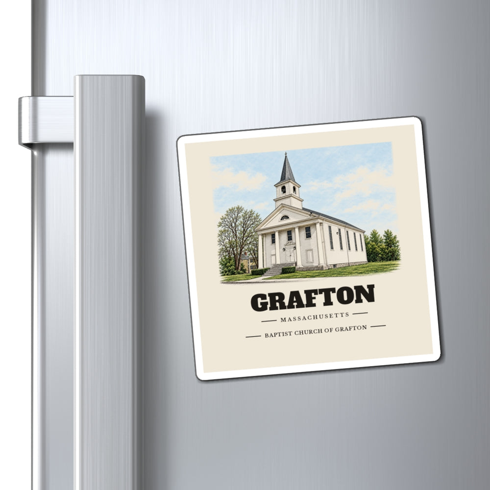 Grafton Baptist Church of Grafton 4 inch magnet shown on a refrigerator