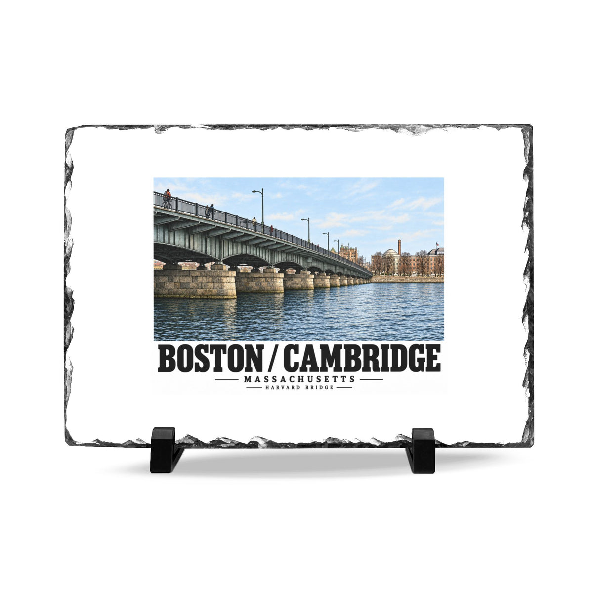 Slate plaque with Harvard Bridge artwork and Boston/Cambridge lettering, a rough dark border and two supports