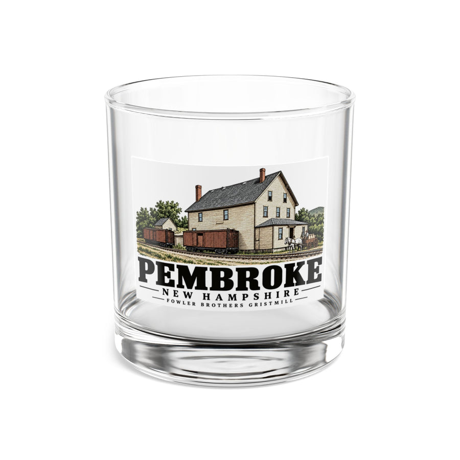 Front of Fowler Brothers Grist Mill rocks glass, with Pembroke, New Hampshire artwork and lettering.