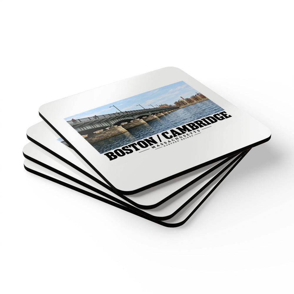 Stack of four coasters with Harvard Bridge artwork and Boston/Cambridge lettering on the top coaster