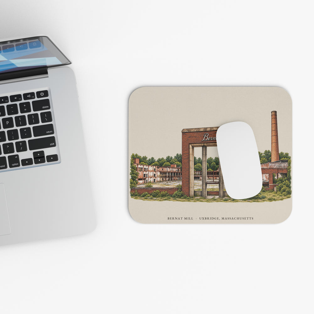 Uxbridge Bernat Mill mouse pad mockup showing the full illustrated print
