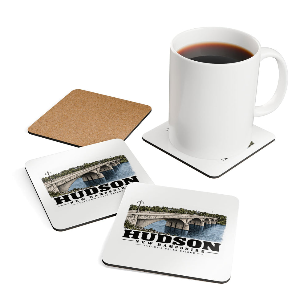 Tabletop display with coffee mug prop of Taylor’s Falls Bridge square cork-backed coaster set, Hudson, New Hampshire.