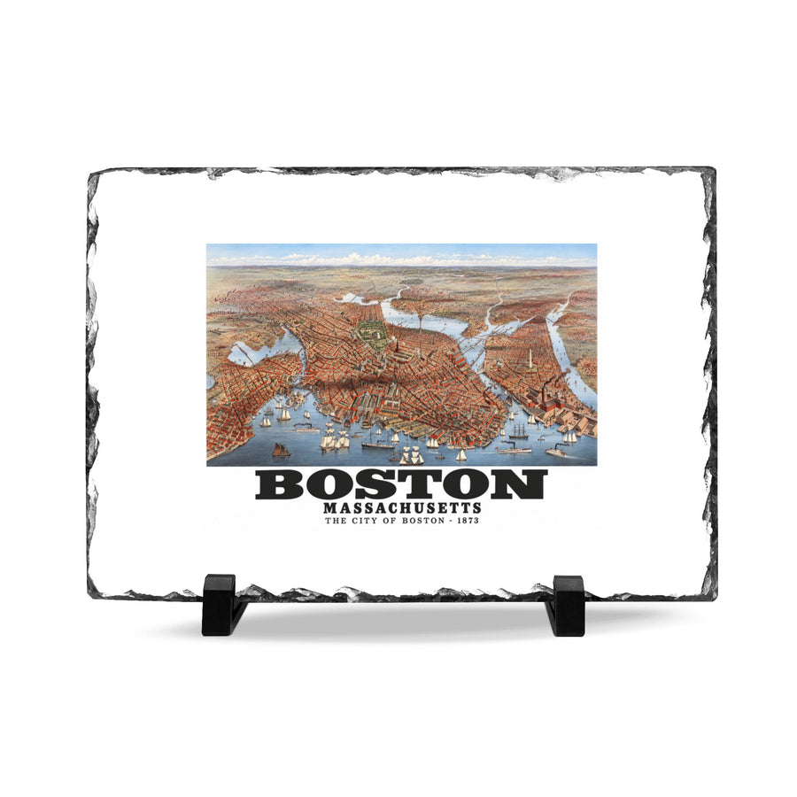 Rough-edged slate display on two black stands with historic Boston city and waterways bird-eye panorama artwork and Boston lettering