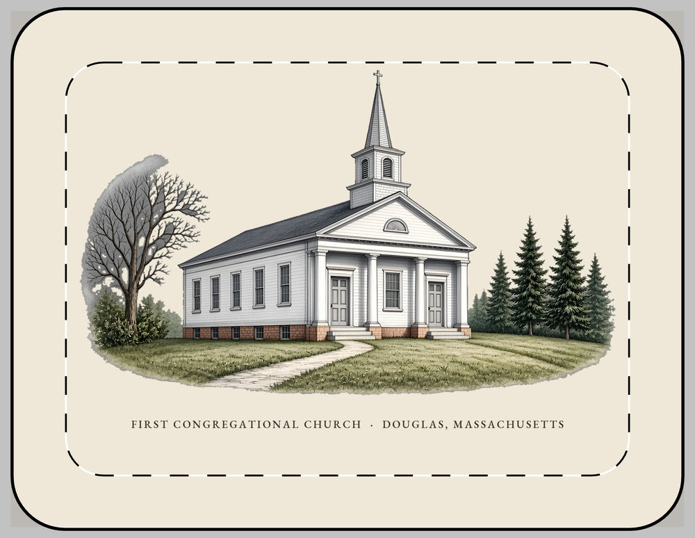 Douglas First Congregational Church 13-inch laptop sleeve mockup showing the full illustrated print
