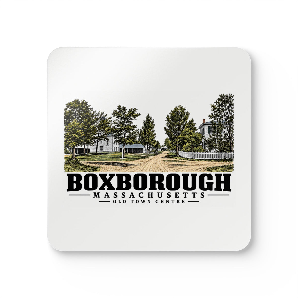 Illustrated Old Town Centre in Boxborough on corkwood coaster set