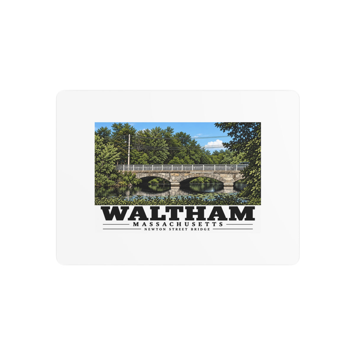 Front view of the metal art sign with Waltham Newton Street Bridge artwork.