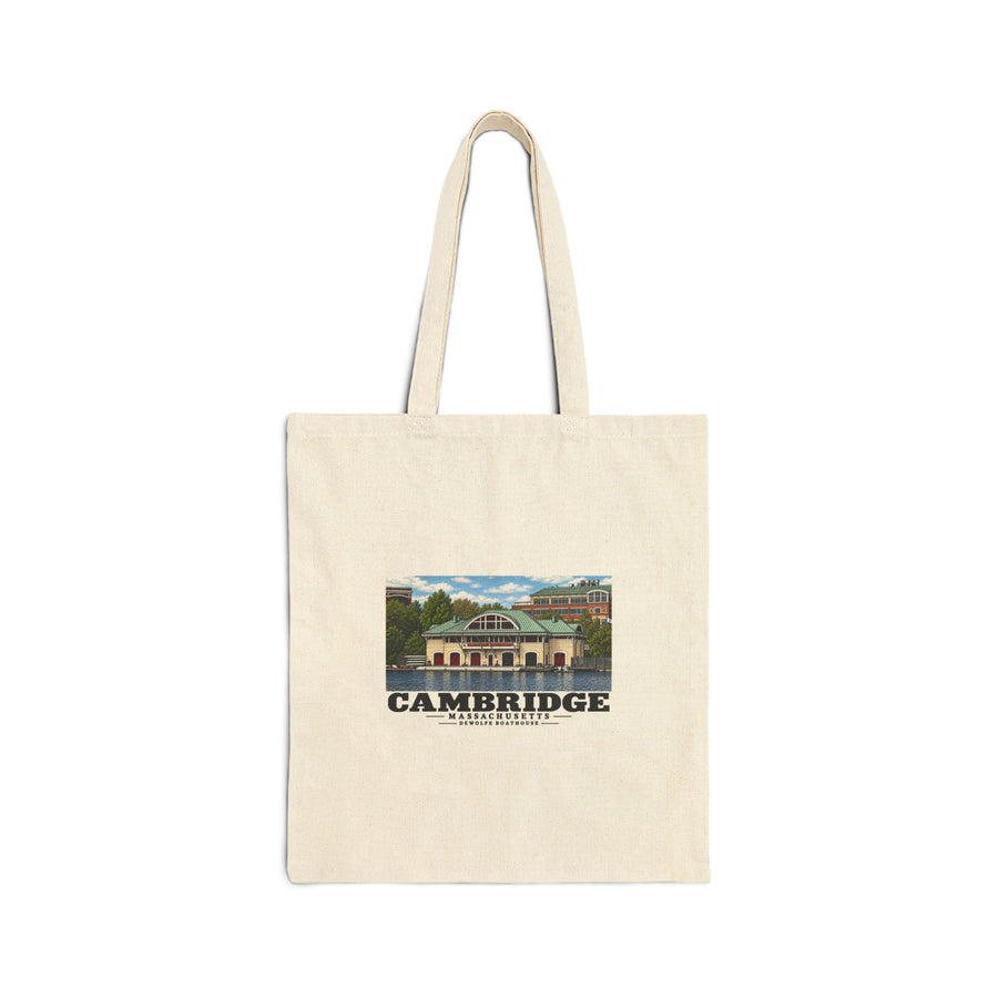 Front view of the natural cotton canvas tote with Cambridge DeWolfe Boathouse artwork.