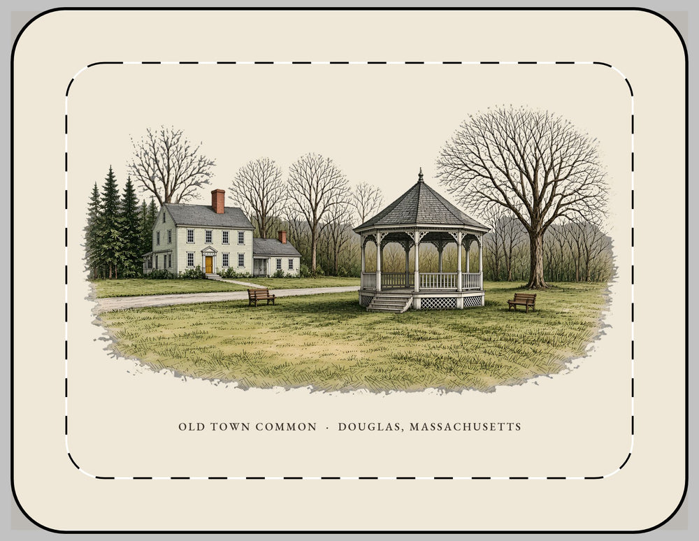 Douglas Old Town Common 13-inch laptop sleeve mockup showing the full illustrated print