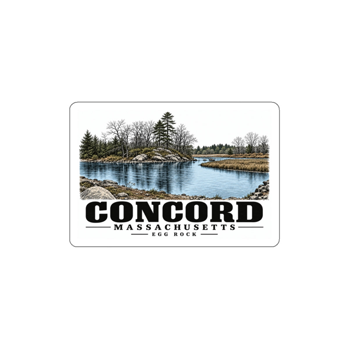 Illustrated Egg Rock in Concord on die-cut sticker