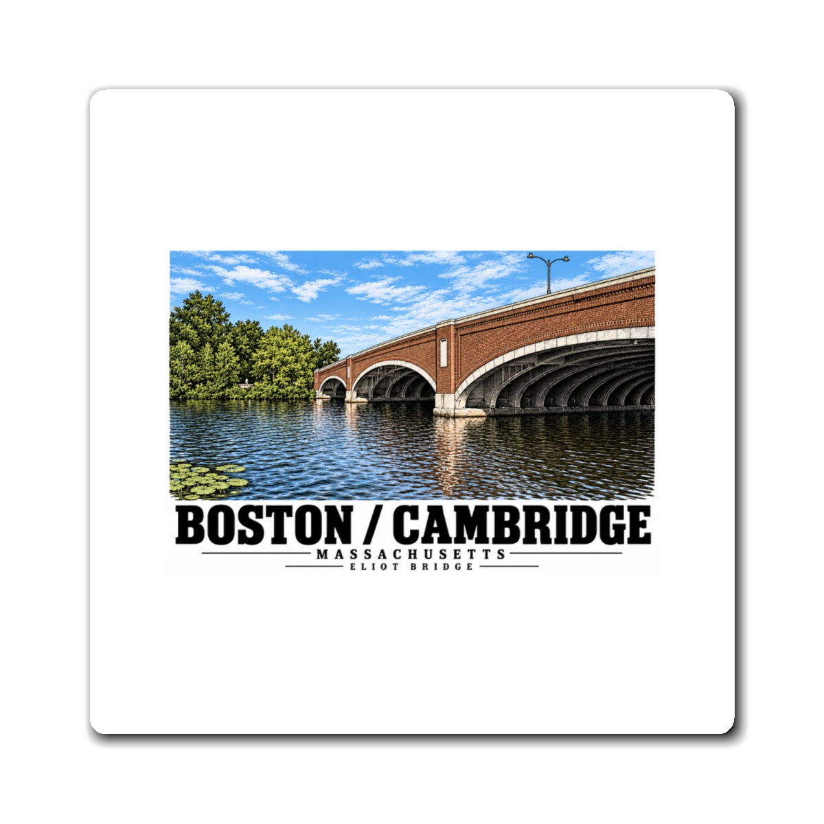 White rectangular magnet showing Eliot Bridge close red brick arch view artwork and Boston/Cambridge lettering