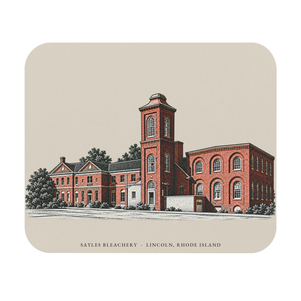 Lincoln Sayles Bleachery mouse pad mockup showing the full illustrated print