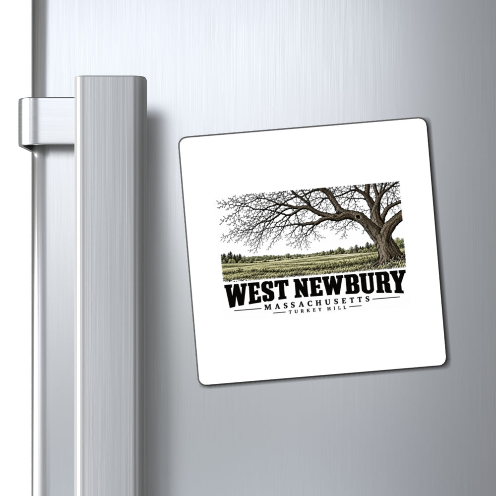 Refrigerator display of Turkey Hill square magnet, with West Newbury, Massachusetts artwork and lettering.